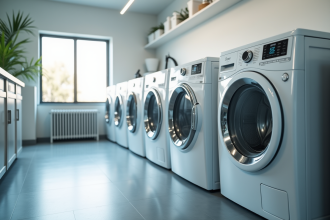 Salle de lavage moderne avec plusieurs machines à laver neuves et usées