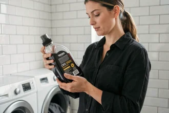 Femme tenant une bouteille de lessive liquide spéciale linge noir devant un lave-linge moderne