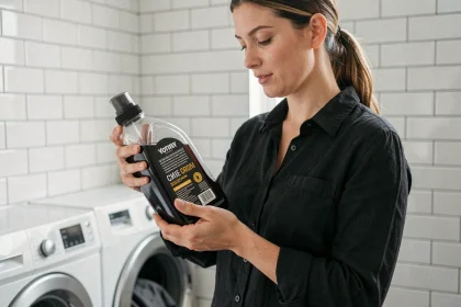 Femme tenant une bouteille de lessive liquide spéciale linge noir devant un lave-linge moderne