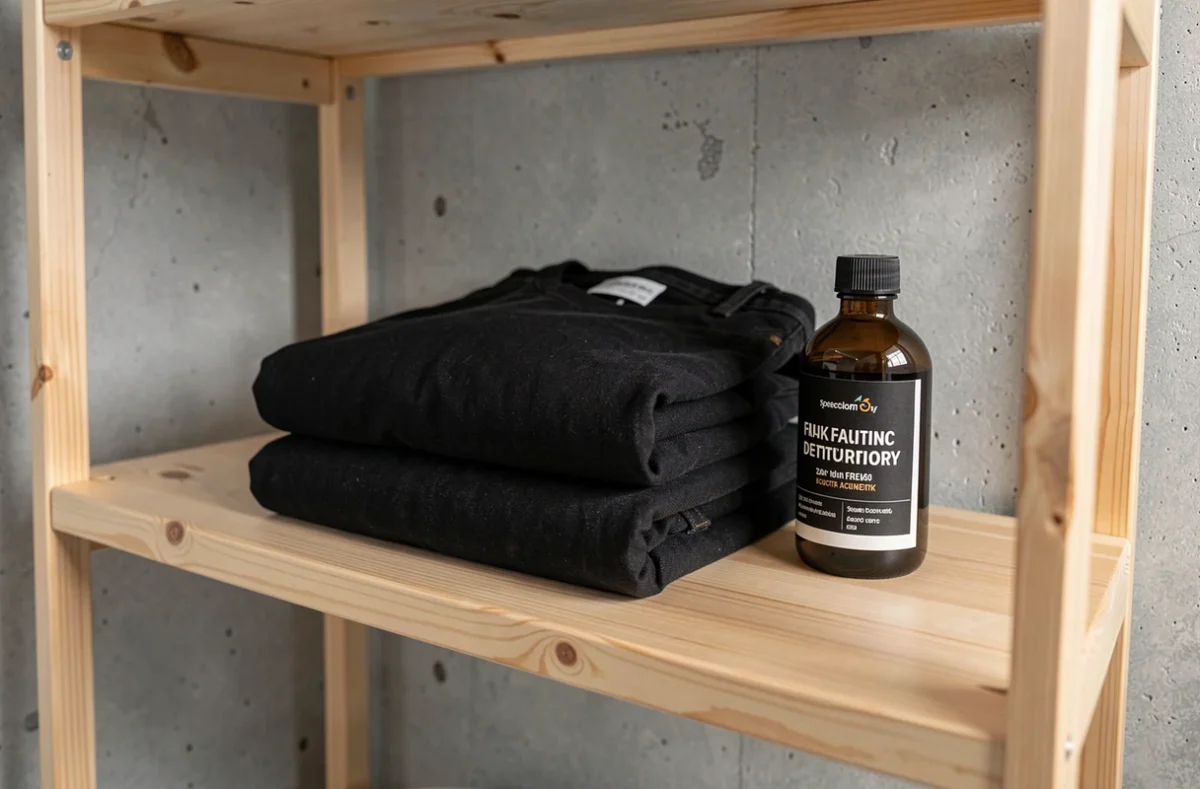 Linge noir fraîchement lavé plié sur une étagère avec une bouteille de lessive spéciale couleurs foncées