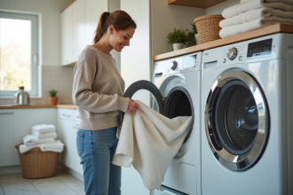 Femme souriante décharge des serviettes sèches dans une buanderie moderne