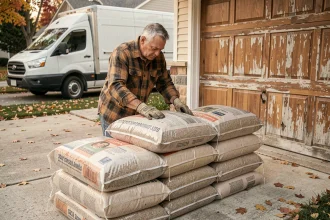 Homme empilant des sacs de pellets de bois devant un garage résidentiel en automne, illustrant le transport et la livraison de pellets Leclerc