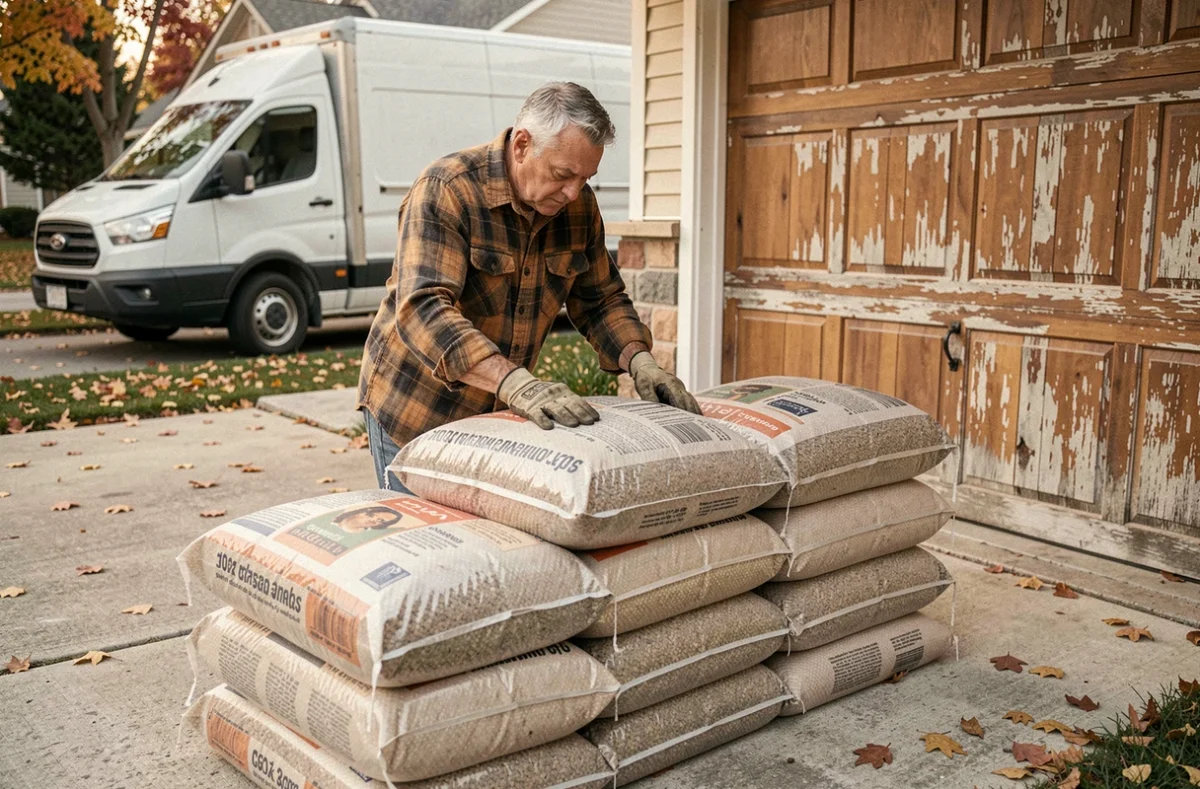 Homme empilant des sacs de pellets de bois devant un garage résidentiel en automne, illustrant le transport et la livraison de pellets Leclerc