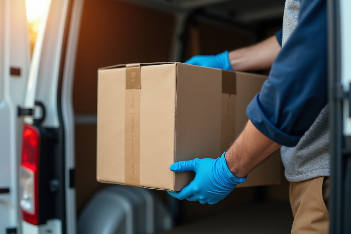 Livreur plaçant un colis fragile dans la camionnette en plein jour