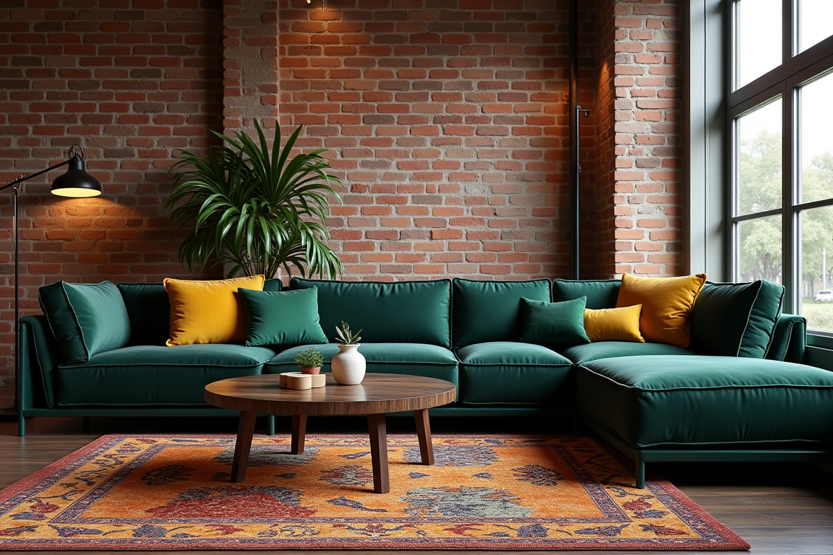 Loft urbain avec canapé noir et coussins vert émeraude