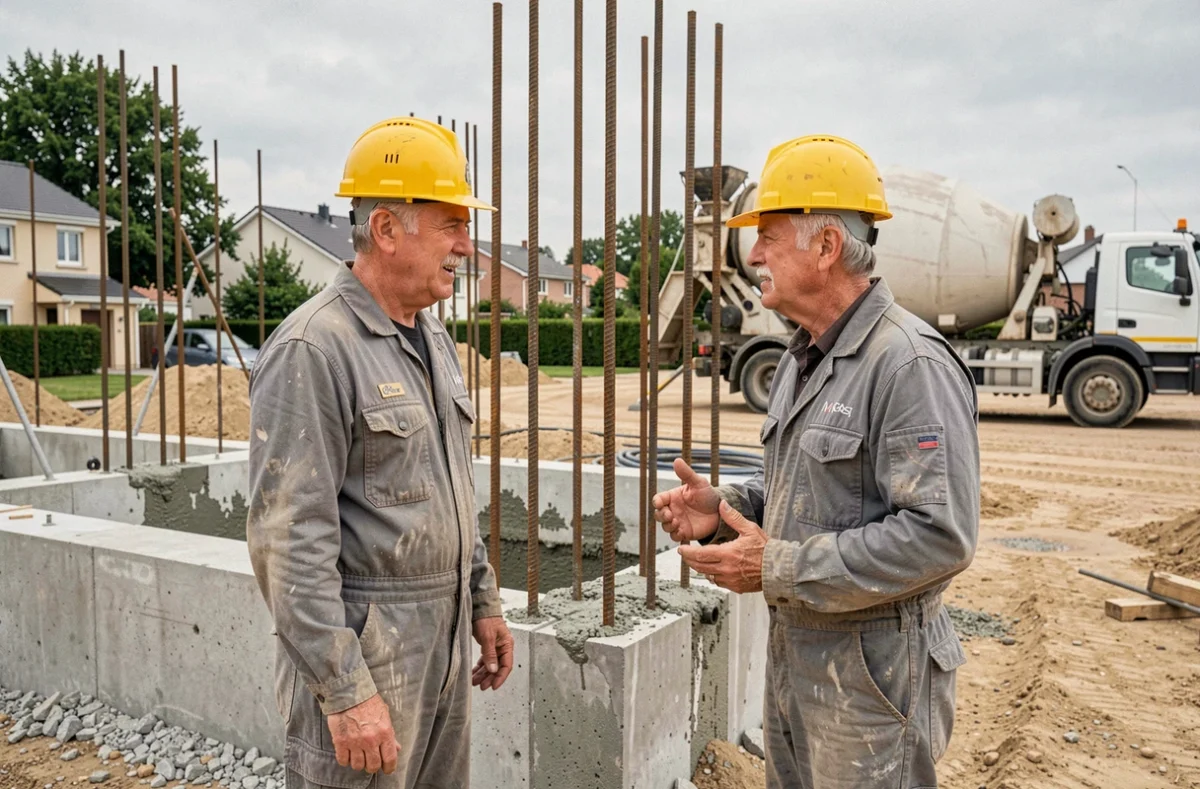 Ouvriers supervisant un chantier de gros œuvre avec bétonnière dans le Val-de-Marne pour Loiseau Ets