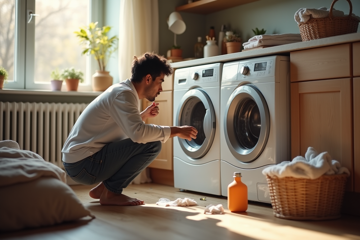Propriétaire inquiet examinant une machine à laver en panne dans un intérieur chaleureux