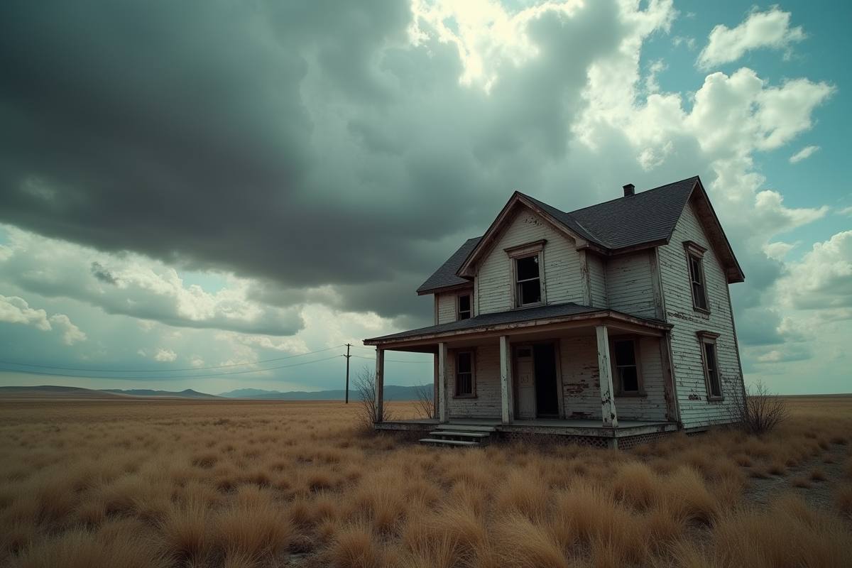 Maison abandonnée en ruine sous un ciel orageux avec soleil perçant