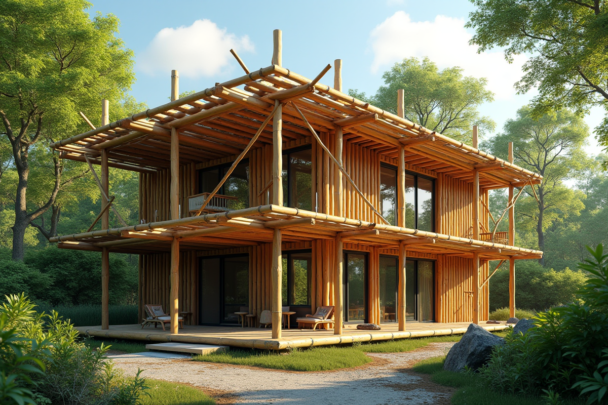 Maison écologique en construction avec bambou et verdure