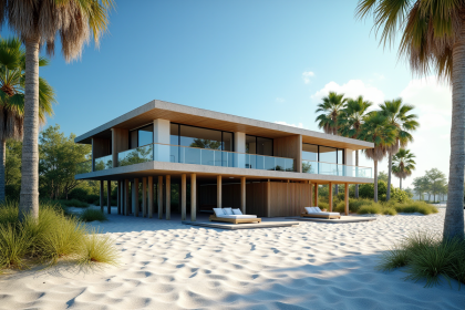 Maison moderne en Floride sur pilotis avec palmier et soleil