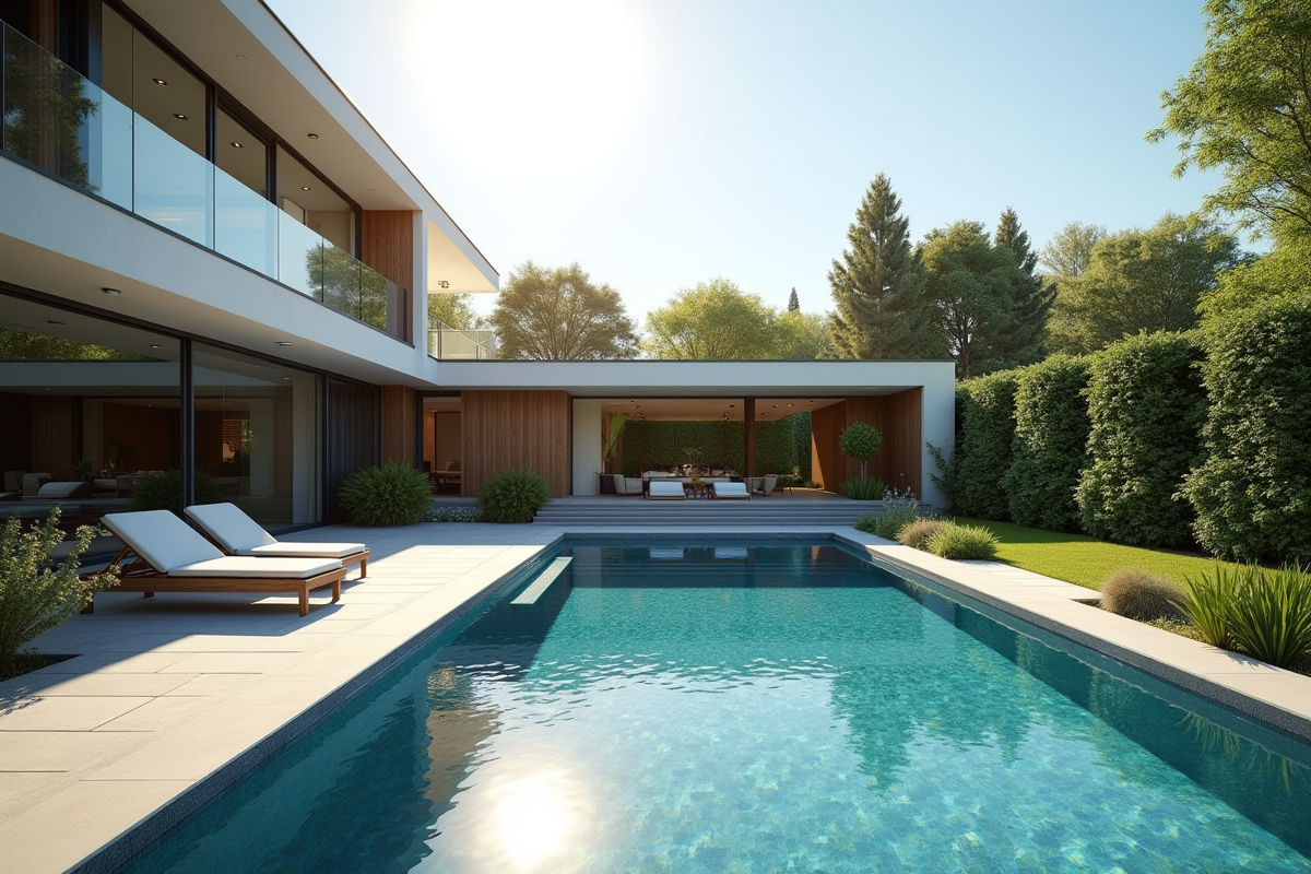 Maison moderne avec jardin et piscine extérieure ensoleillée