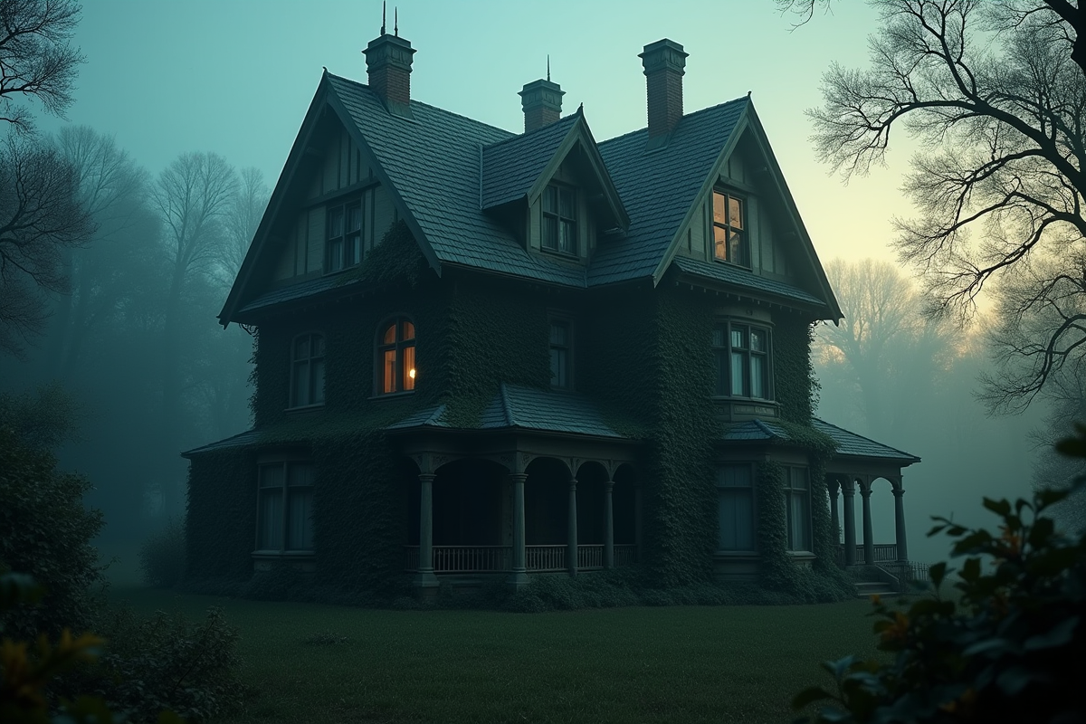 Ancienne maison victorienne enveloppée de brume avec lumière vacillante