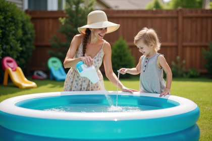 Jeune maman verse du chlore dans la piscine avec son enfant