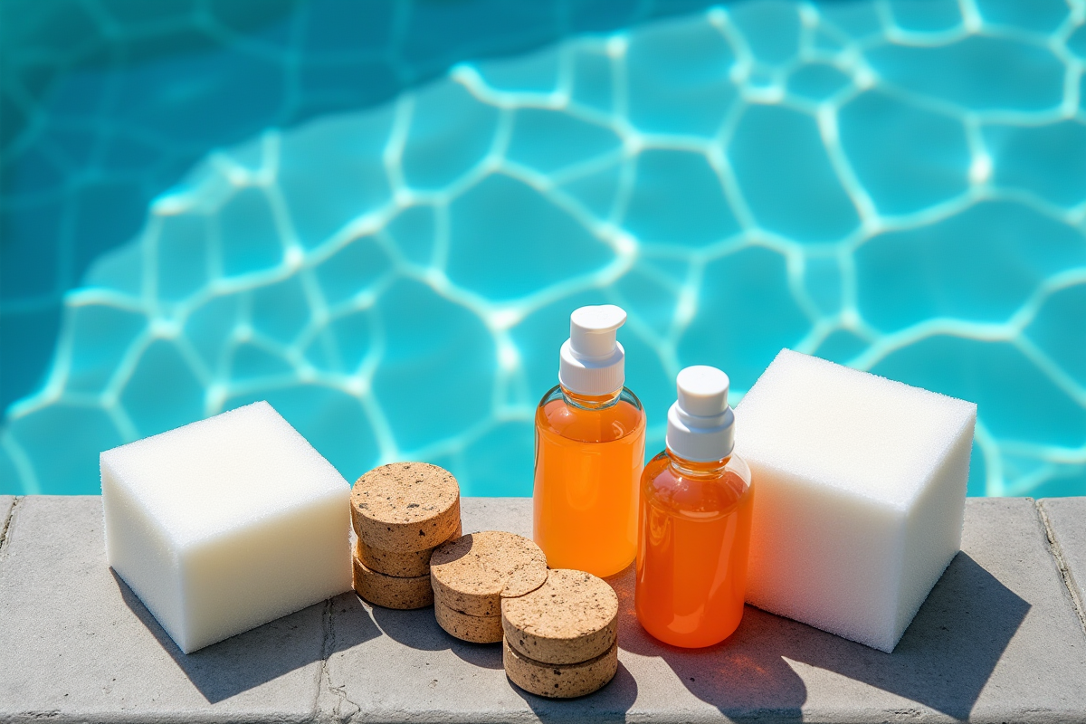 Matériaux de flottaison variés autour de la piscine bleue