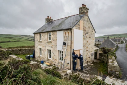 Équipe d'isolation professionnelle travaillant sur une maison bretonne en pierre dans le Finistère