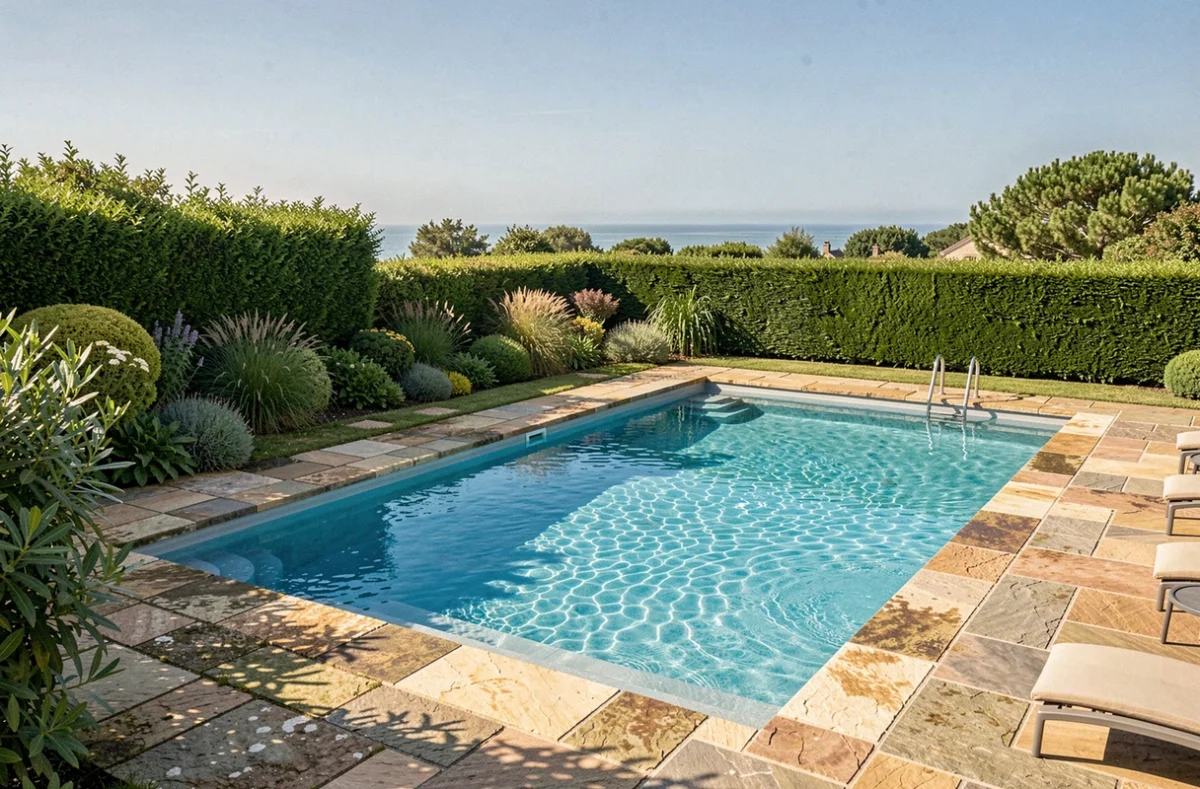 Vue panoramique d'une piscine résidentielle en Vendée entourée d'un jardin verdoyant