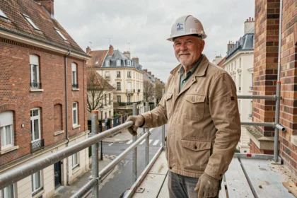 Maçon professionnel en tenue de travail sur un échafaudage avec vue sur une rue résidentielle du Val-de-Marne