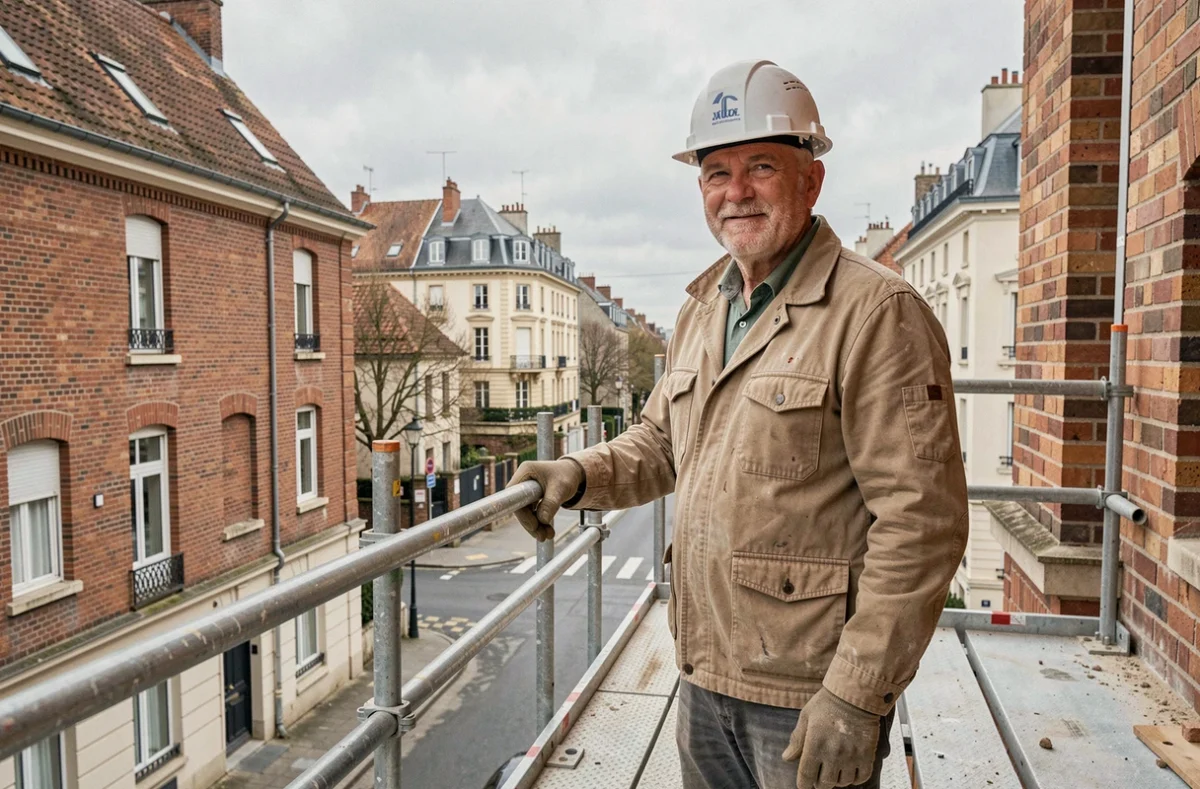 Maçon professionnel en tenue de travail sur un échafaudage avec vue sur une rue résidentielle du Val-de-Marne