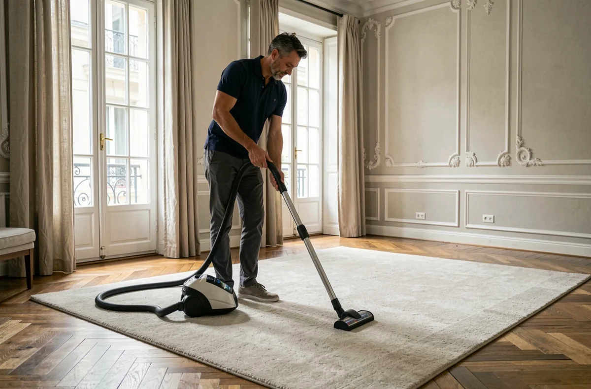 Homme réalisant un service de ménage à domicile en passant l'aspirateur dans un salon élégant à Aix-en-Provence
