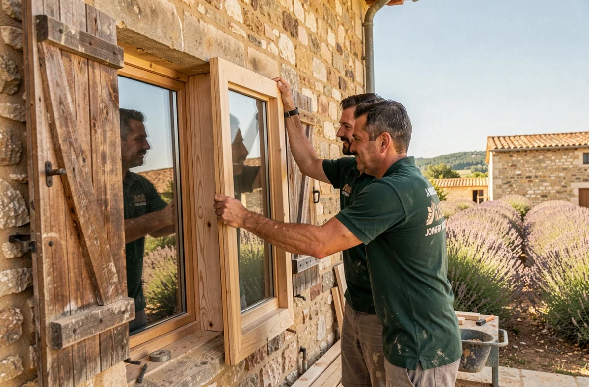 Deux menuisiers du réseau Art et Fenêtres posant une fenêtre en bois dans une ferme provençale rénovée
