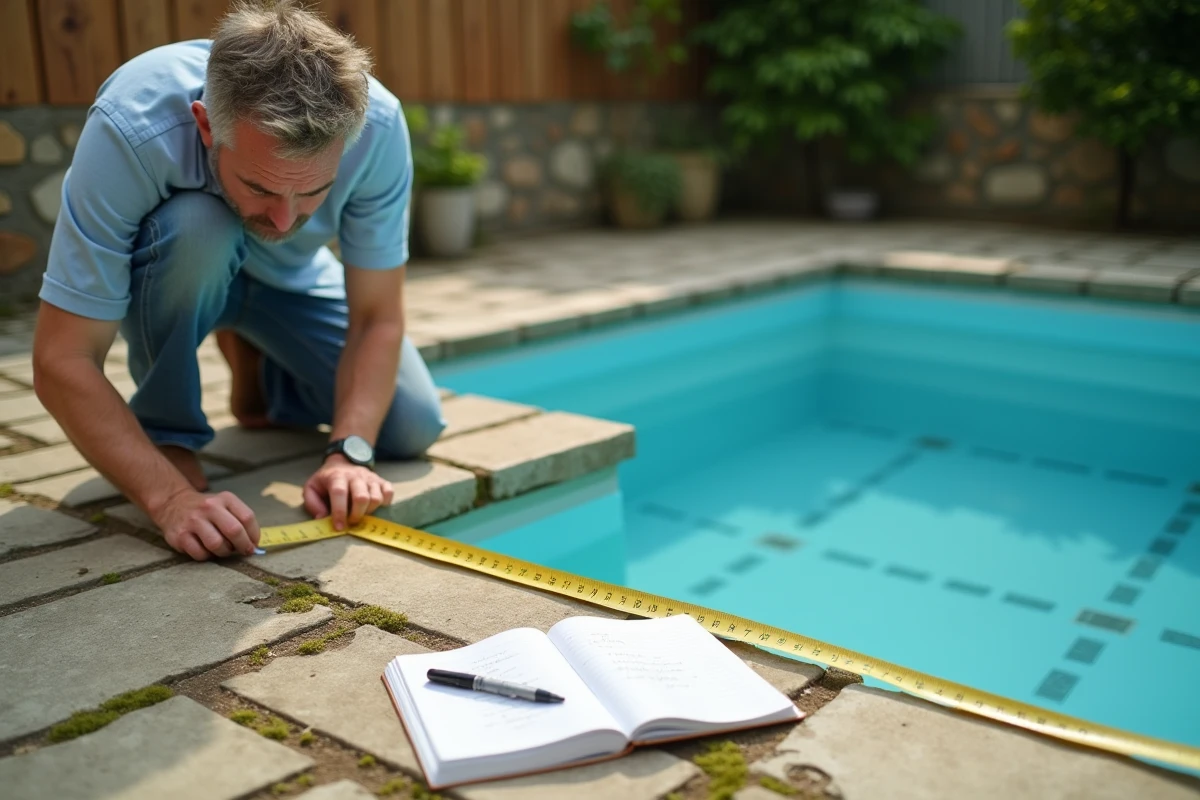 Propriétaire mesurant les dimensions de sa petite piscine enterrée pour vérifier le seuil d'imposition fiscale