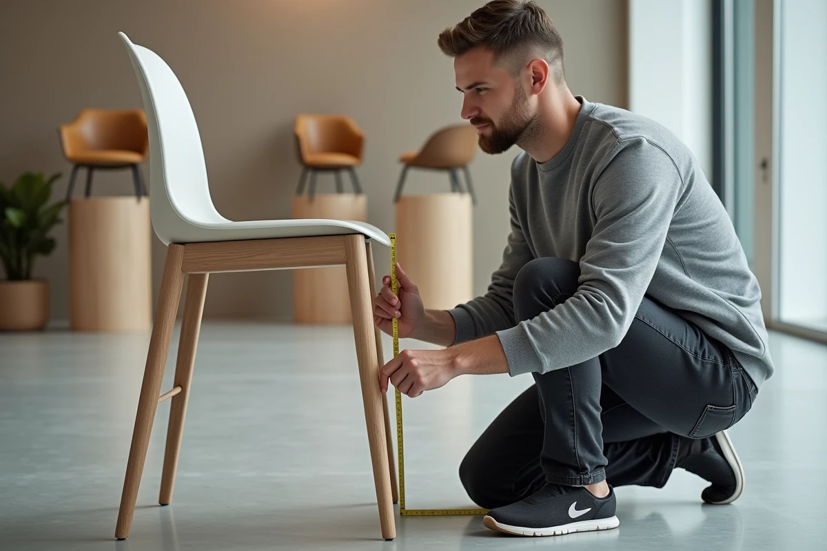 Homme mesurant la hauteur d'assise d'une chaise standard dans un showroom de mobilier, ruban à mesurer en main pour vérifier les dimensions idéales