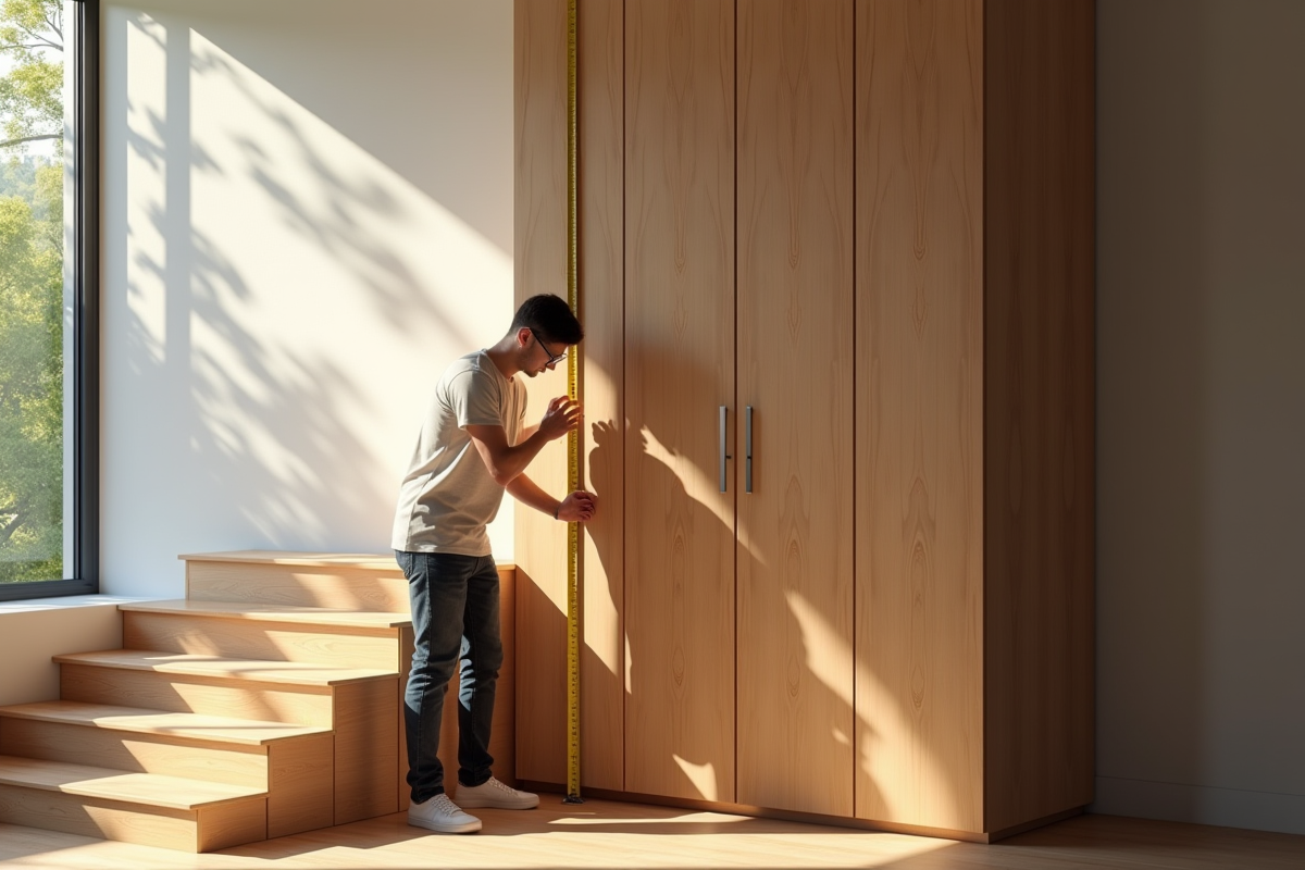 Personne mesurant un grand meuble en bois à la base d'un escalier moderne