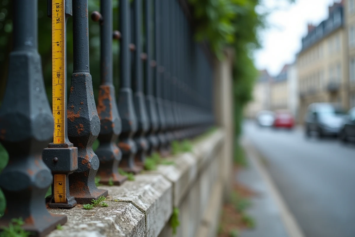 Mesure d'un poteau de clôture en fer forgé à la limite de propriété avant déclaration de travaux