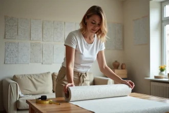 Femme mesurant un rouleau de papier peint dans un petit salon de 10m2 en cours de rénovation