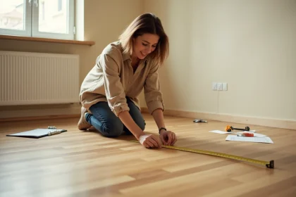 Femme mesurant la longueur d'un parquet avec un mètre ruban dans un appartement vide avant achat