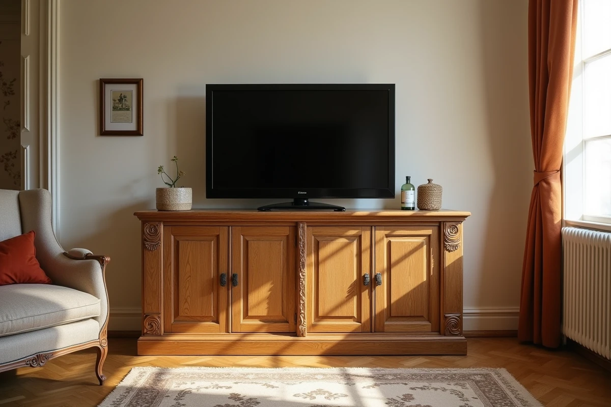 Meuble TV classique en bois massif chêne avec portes sculptées dans un salon traditionnel au parquet en point de Hongrie