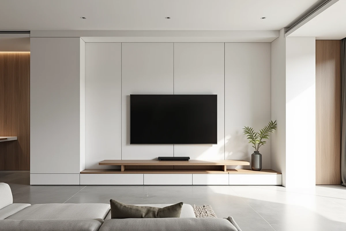 Meuble TV en placo design intégré dans un salon moderne minimaliste avec étagères flottantes et finition blanche mate