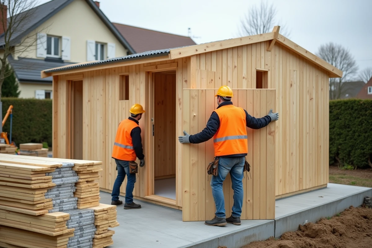 Montage d'un chalet en bois préfabriqué de 80m2 sur fondations béton par des ouvriers sur chantier