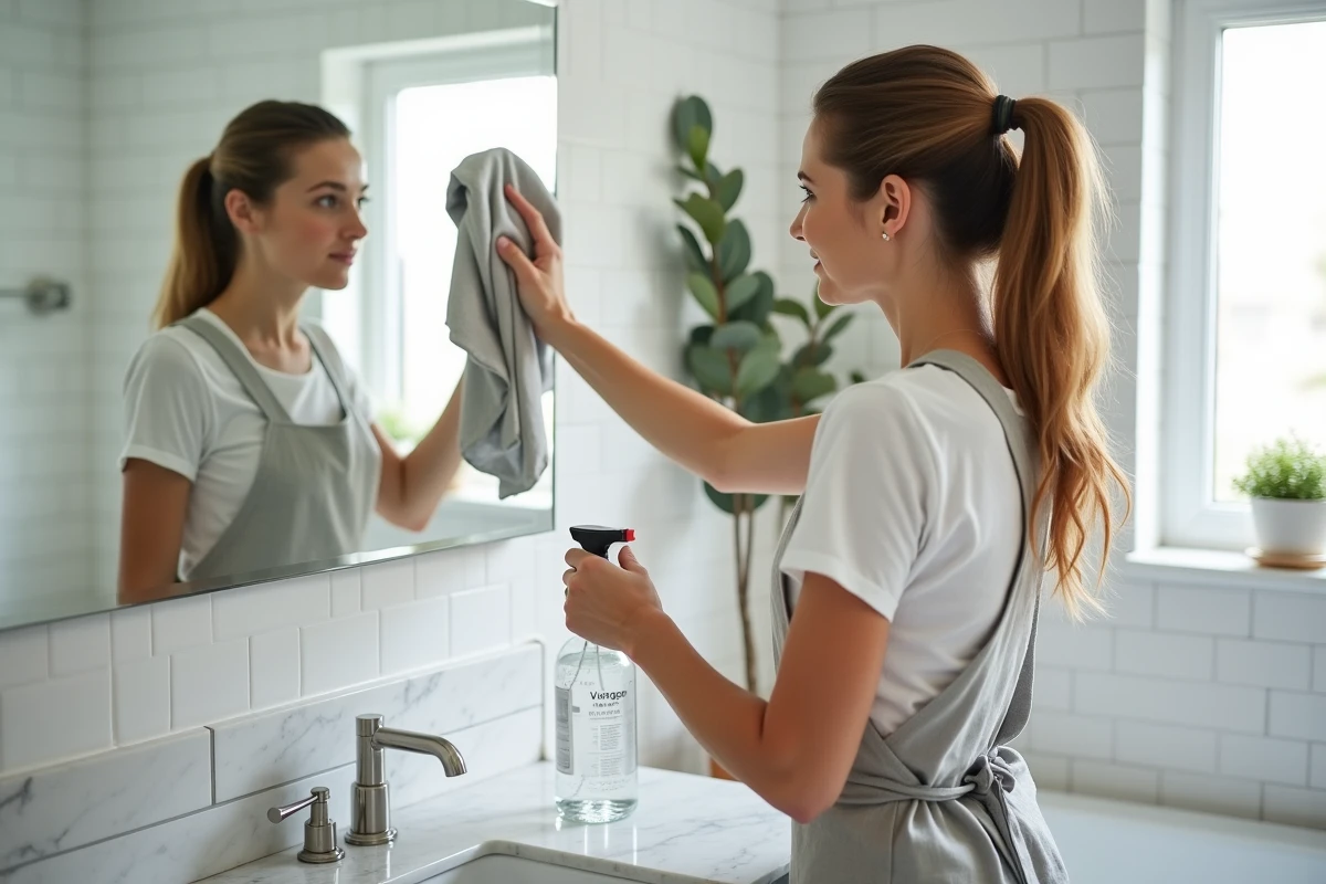 Femme nettoyant un miroir de salle de bain avec un chiffon microfibre et un spray au vinaigre naturel
