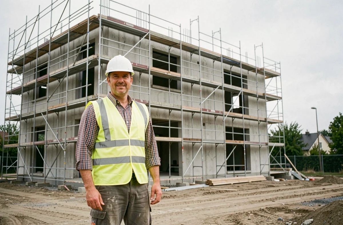 Responsable de chantier devant un bâtiment en construction dans le Val-de-Marne pour New Home Batiment SASU