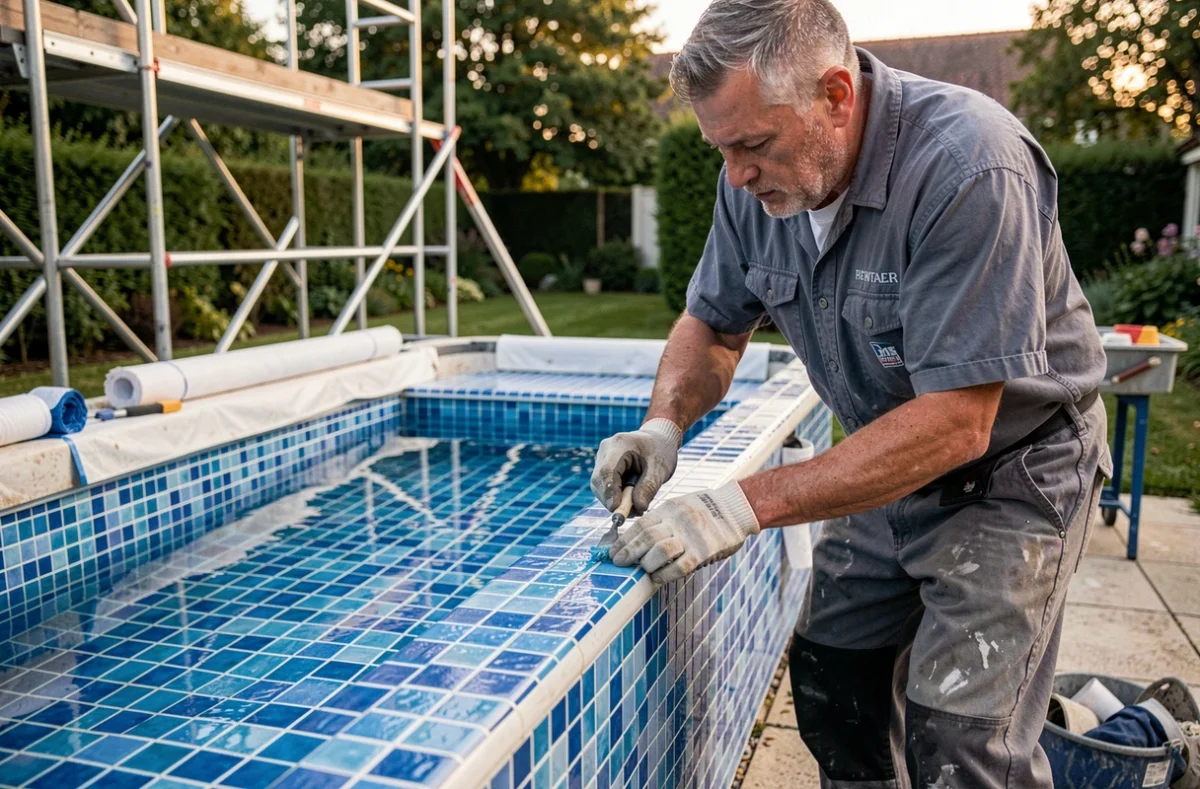 Artisan d'Objectif Renovation en train de carreler l'intérieur d'une piscine en Vendée