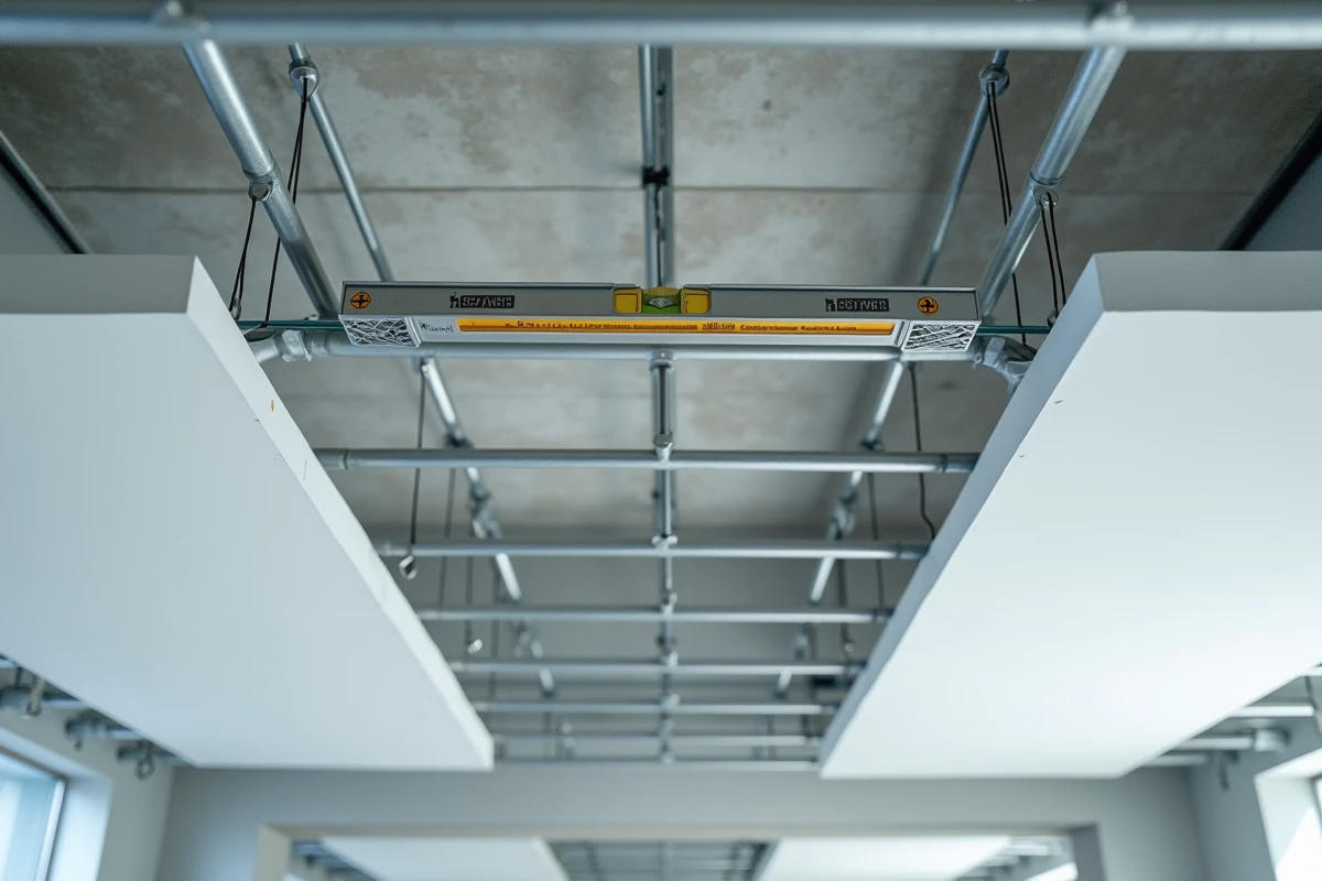 Gros plan sur l'ossature métallique d'un faux plafond suspendu en cours d'installation dans un bureau