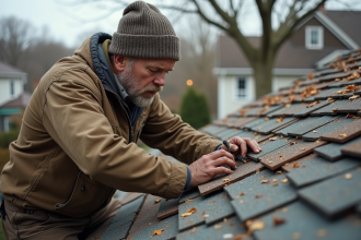 Homme d'âge moyen réparant un toit avec des bardeaux recyclés