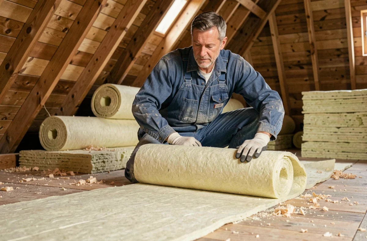 Ouvrier déroulant un rouleau d'isolant thermique dans un grenier en cours de rénovation