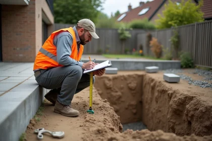Homme en tenue de chantier mesurant la profondeur d'une terrasse