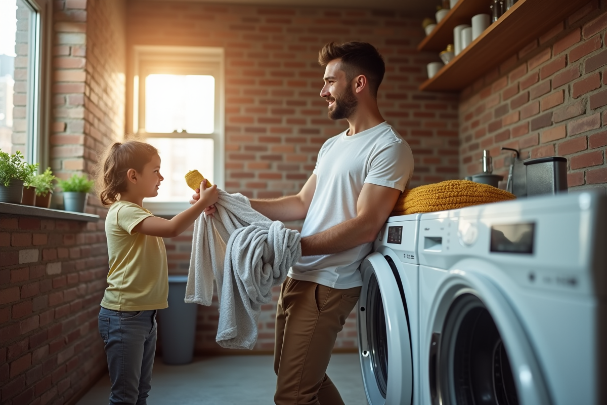Père et fille plient des vêtements dans une buanderie urbaine ensoleillée