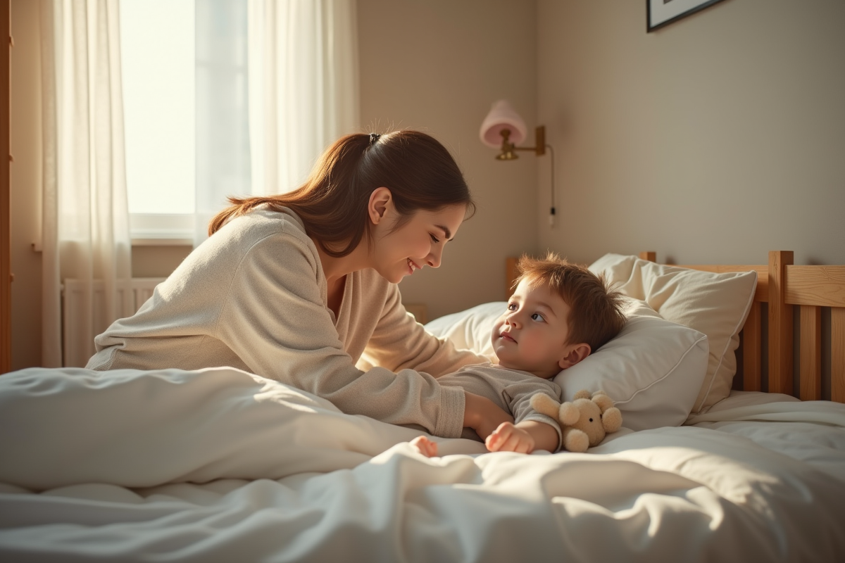 Parent couchant doucement un enfant dans une chambre lumineuse