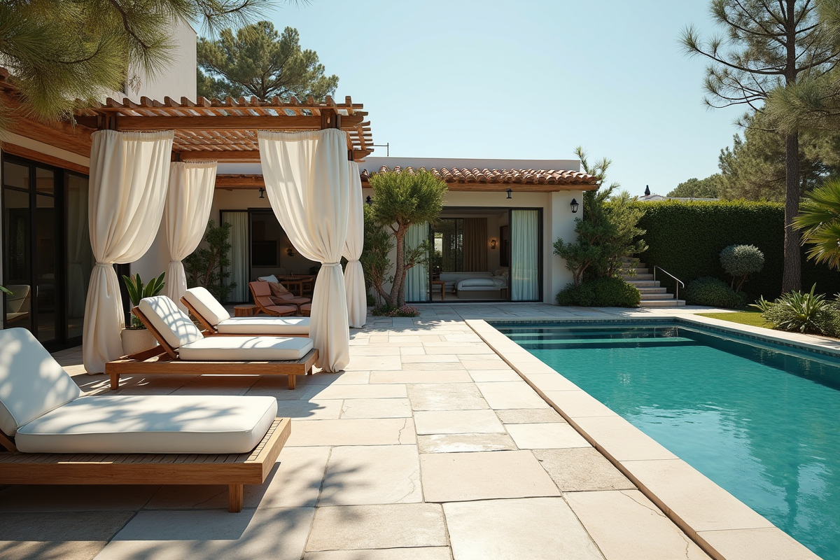 Patio en pierre avec piscine et mobilier contemporain
