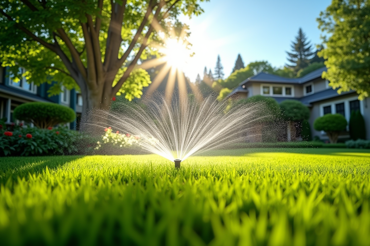 Pelouse verte dans un jardin en été avec arrosage et soleil