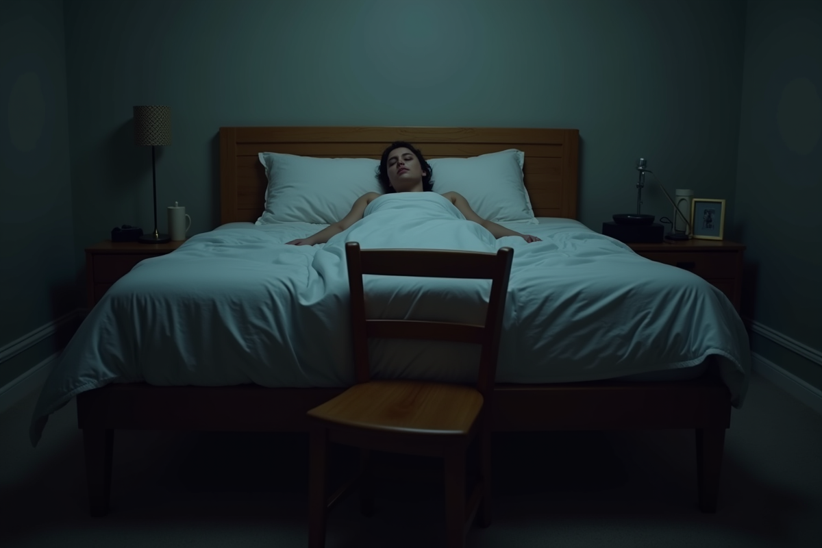 Personne dormant paisiblement dans une chambre nocturne avec chaise inquiétante