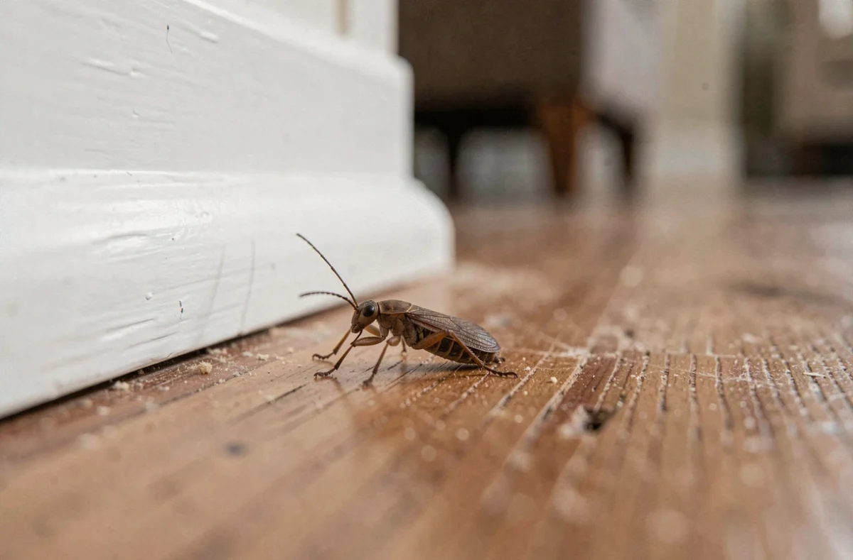 Petite bête marron vue de près sur une plinthe en bois dans une maison, photo macro réaliste d'insecte domestique