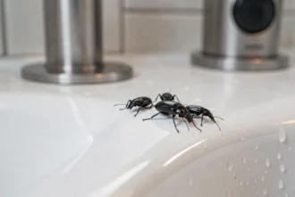 Petits insectes noirs près d'un évier de cuisine sur céramique blanche en vue macro
