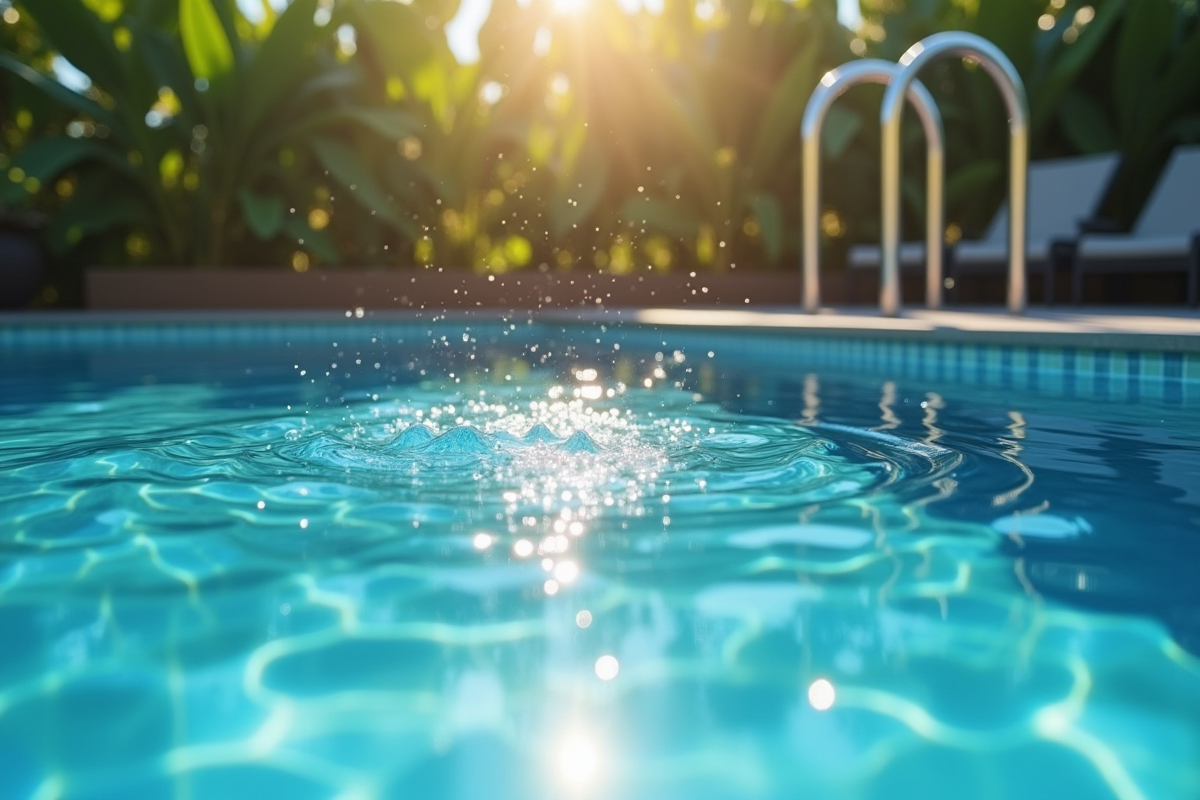 Piscine moderne avec filtre en fonctionnement en plein soleil