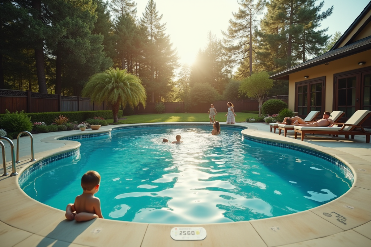 Piscine hors sol dans le jardin avec famille decue ensoleillee