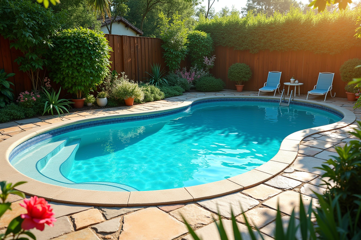 Piscine familiale entourée de pierres et de plantes vertes